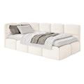 Łóżko młodzieżowe 90x200 cm Cloudy lewostronne z pojemnikiem kremowe welur hydrofobowy łatwoczyszczący
