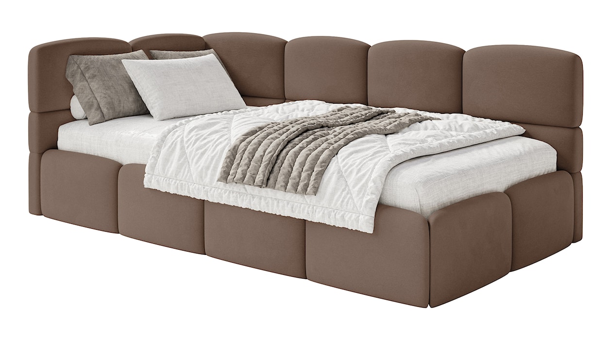 Łóżko młodzieżowe 90x200 cm Cloudy lewostronne z pojemnikiem brązowe welur hydrofobowy łatwoczyszczący