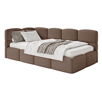 Łóżko młodzieżowe 90x200 cm Cloudy lewostronne z pojemnikiem brązowe welur hydrofobowy łatwoczyszczący