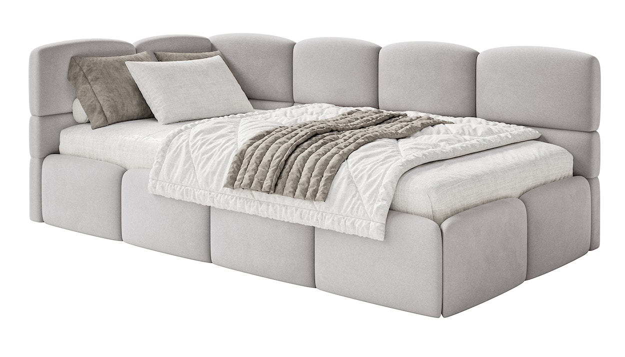 Łóżko młodzieżowe 90x200 cm Cloudy lewostronne z materacem i pojemnikiem jasnoszare welur hydrofobowy łatwoczyszczący