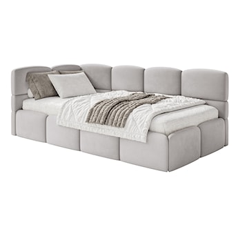 Łóżko młodzieżowe 90x200 cm Cloudy lewostronne z pojemnikiem jasnoszare welur hydrofobowy łatwoczyszczący