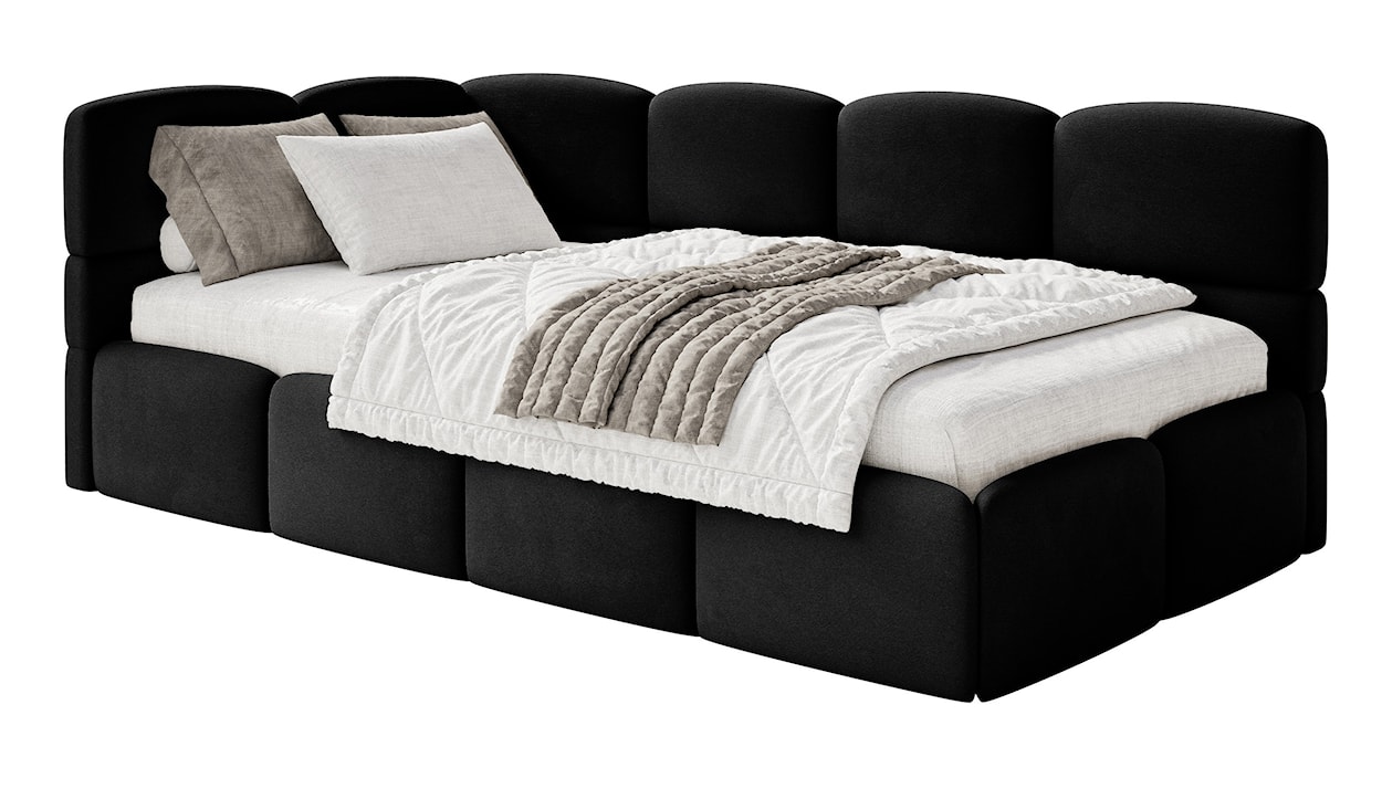 Łóżko młodzieżowe 90x200 cm Cloudy lewostronne z materacem i pojemnikiem czarne welur hydrofobowy łatwoczyszczący