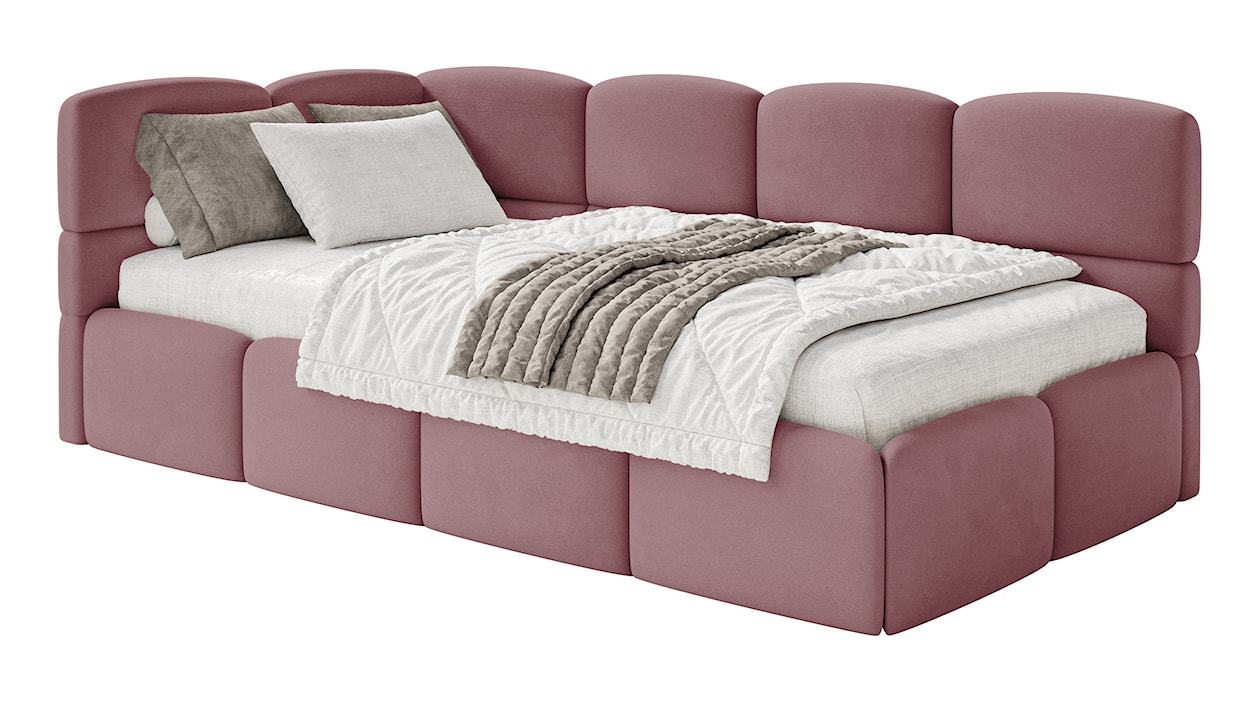 Łóżko młodzieżowe 90x200 cm Cloudy lewostronne z materacem i pojemnikiem różowe welur hydrofobowy łatwoczyszczący