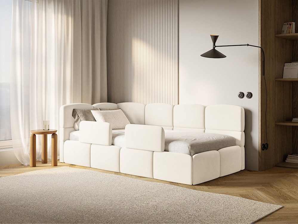 Łóżko młodzieżowe 90x200 cm Cloudy lewostronne z pojemnikiem i barierkami kremowe welur hydrofobowy łatwoczyszczący  - zdjęcie 4