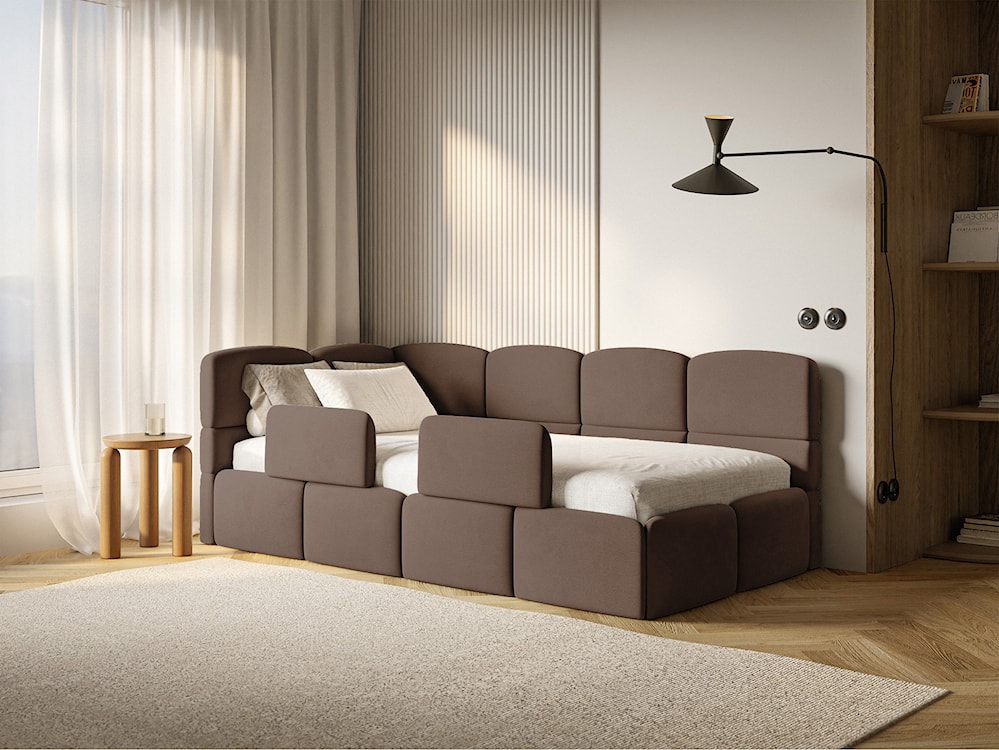 Łóżko młodzieżowe 90x200 cm Cloudy lewostronne z pojemnikiem i barierkami brązowe welur hydrofobowy łatwoczyszczący  - zdjęcie 4