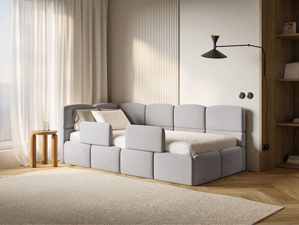 Łóżko młodzieżowe 90x200 cm Cloudy lewostronne z pojemnikiem i barierkami jasnoszare welur hydrofobowy łatwoczyszczący  - zdjęcie 4