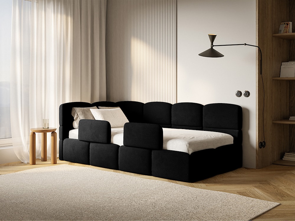 Łóżko młodzieżowe 90x200 cm Cloudy lewostronne z pojemnikiem i barierkami czarne welur hydrofobowy łatwoczyszczący  - zdjęcie 4