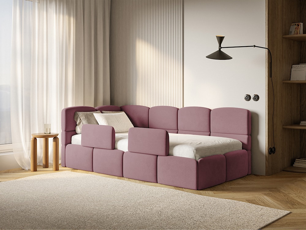 Łóżko młodzieżowe 90x200 cm Cloudy lewostronne z pojemnikiem i barierkami różowe welur hydrofobowy łatwoczyszczący  - zdjęcie 4