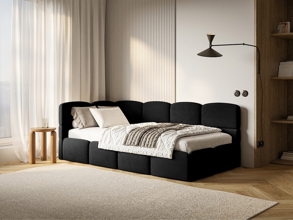 Łóżko młodzieżowe 90x200 cm Cloudy lewostronne z pojemnikiem i barierkami czarne welur hydrofobowy łatwoczyszczący  - zdjęcie 2
