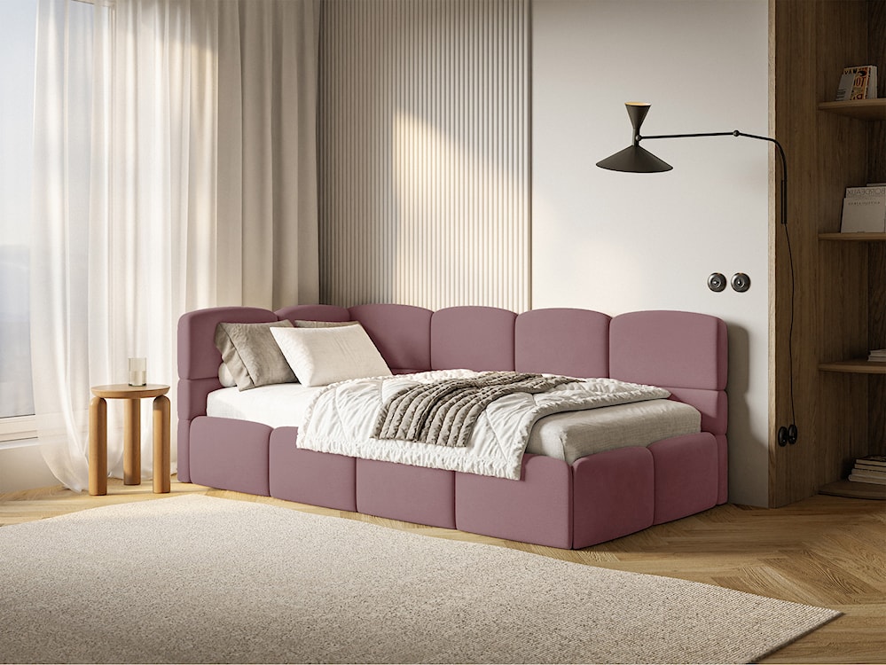 Łóżko młodzieżowe 90x200 cm Cloudy lewostronne z pojemnikiem i barierkami różowe welur hydrofobowy łatwoczyszczący  - zdjęcie 2