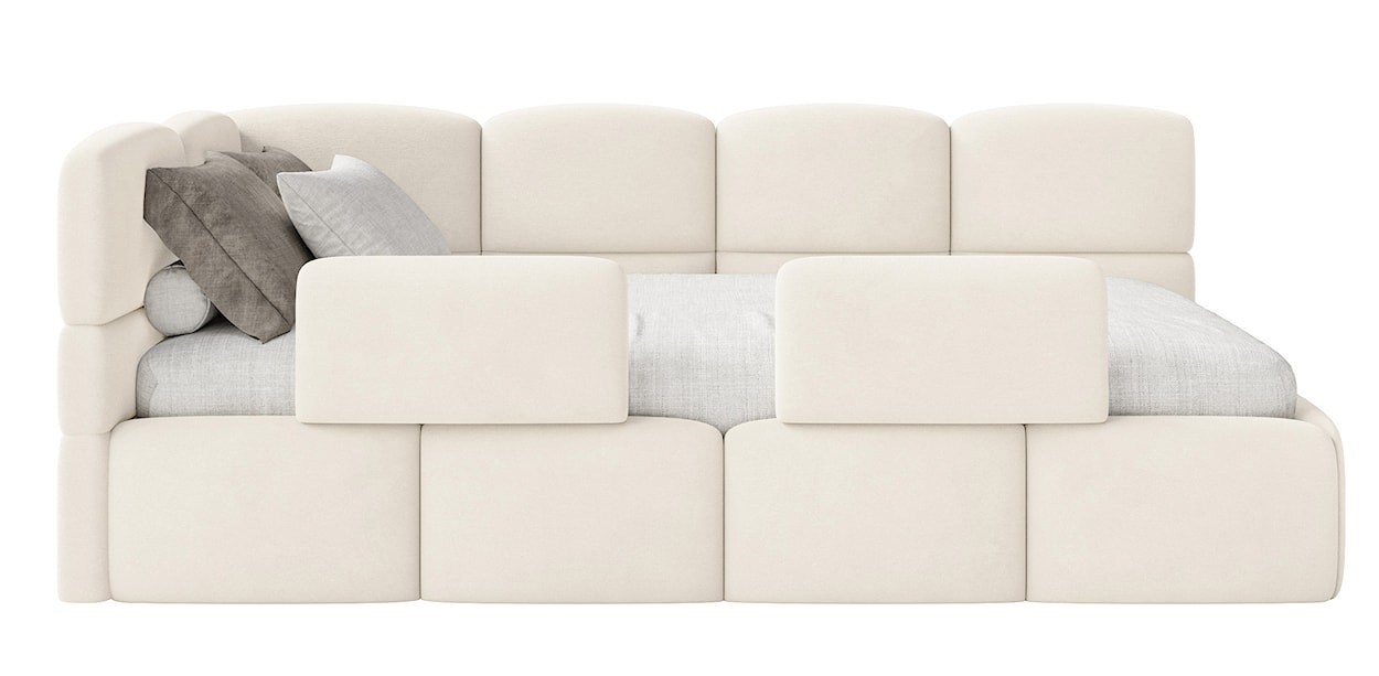 Łóżko młodzieżowe 90x200 cm Cloudy lewostronne z pojemnikiem i barierkami kremowe welur hydrofobowy łatwoczyszczący  - zdjęcie 8