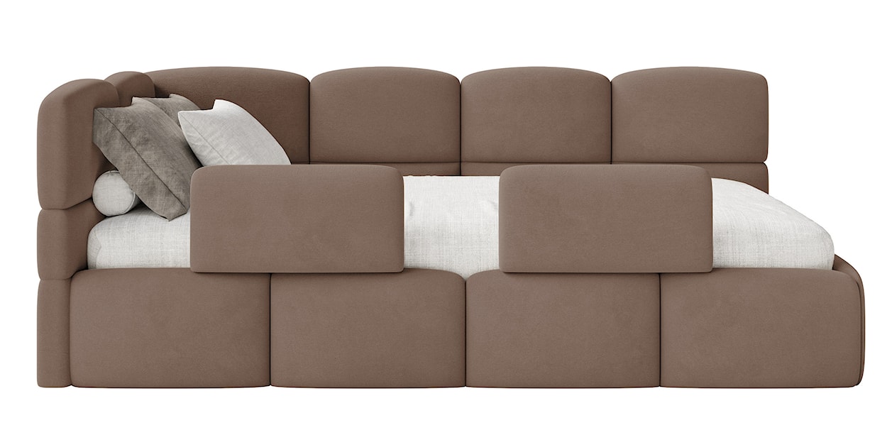 Łóżko młodzieżowe 90x200 cm Cloudy lewostronne z pojemnikiem i barierkami brązowe welur hydrofobowy łatwoczyszczący  - zdjęcie 8