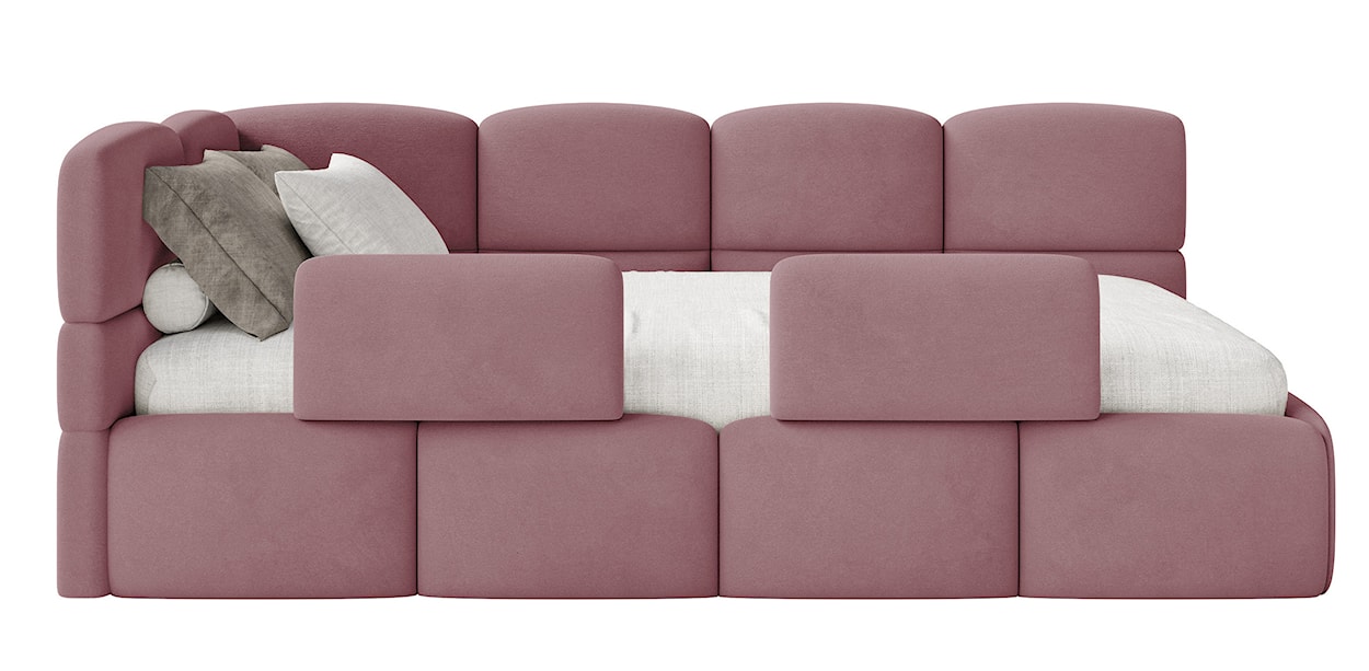 Łóżko młodzieżowe 90x200 cm Cloudy lewostronne z pojemnikiem i barierkami różowe welur hydrofobowy łatwoczyszczący  - zdjęcie 8