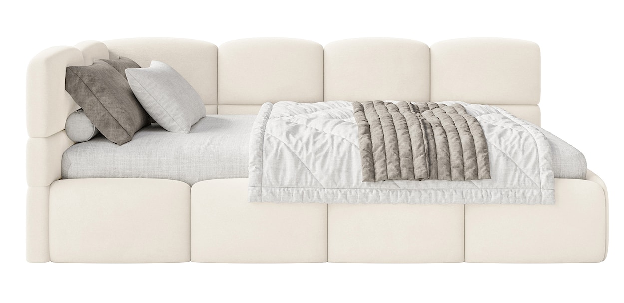 Łóżko młodzieżowe 90x200 cm Cloudy lewostronne z pojemnikiem i barierkami kremowe welur hydrofobowy łatwoczyszczący  - zdjęcie 7