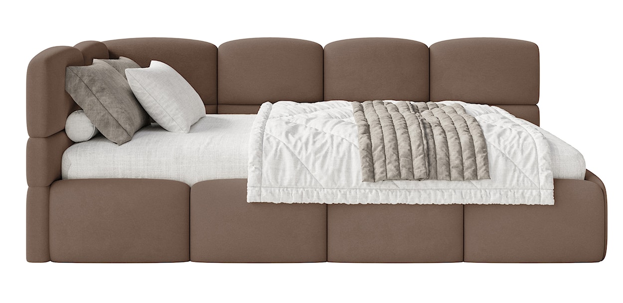 Łóżko młodzieżowe 90x200 cm Cloudy lewostronne z pojemnikiem i barierkami brązowe welur hydrofobowy łatwoczyszczący  - zdjęcie 7