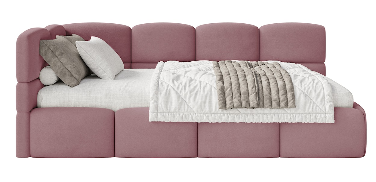 Łóżko młodzieżowe 90x200 cm Cloudy lewostronne z pojemnikiem i barierkami różowe welur hydrofobowy łatwoczyszczący  - zdjęcie 7