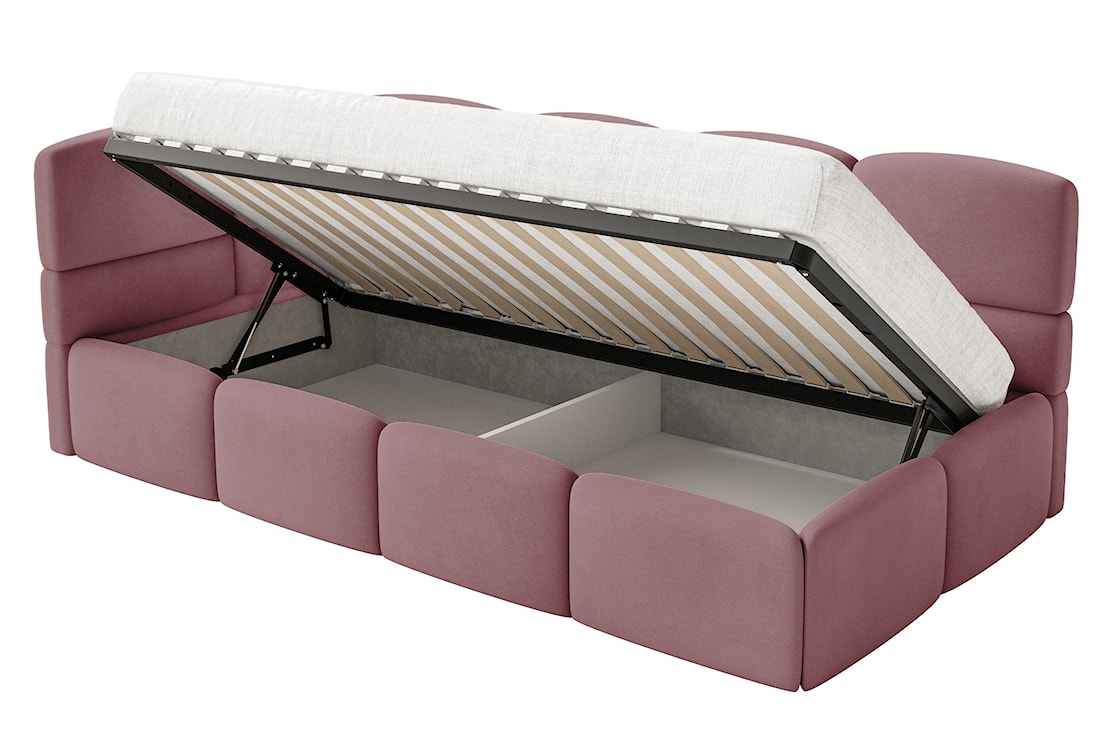 Łóżko młodzieżowe 90x200 cm Cloudy lewostronne z pojemnikiem i barierkami różowe welur hydrofobowy łatwoczyszczący  - zdjęcie 9