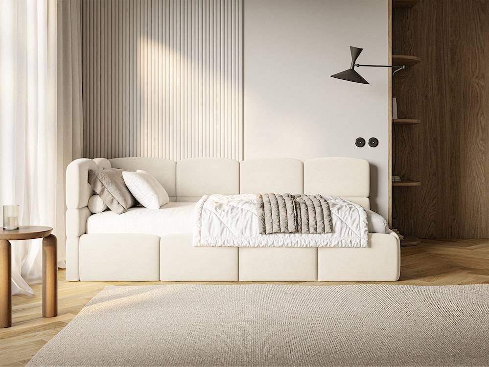 Łóżko młodzieżowe 90x200 cm Cloudy lewostronne z pojemnikiem i barierkami kremowe welur hydrofobowy łatwoczyszczący  - zdjęcie 3