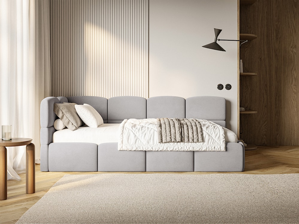 Łóżko młodzieżowe 90x200 cm Cloudy lewostronne z pojemnikiem i barierkami jasnoszare welur hydrofobowy łatwoczyszczący  - zdjęcie 3