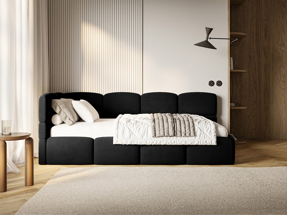 Łóżko młodzieżowe 90x200 cm Cloudy lewostronne z pojemnikiem i barierkami czarne welur hydrofobowy łatwoczyszczący  - zdjęcie 3