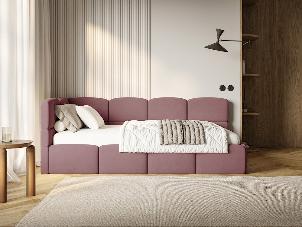 Łóżko młodzieżowe 90x200 cm Cloudy lewostronne z pojemnikiem i barierkami różowe welur hydrofobowy łatwoczyszczący  - zdjęcie 3