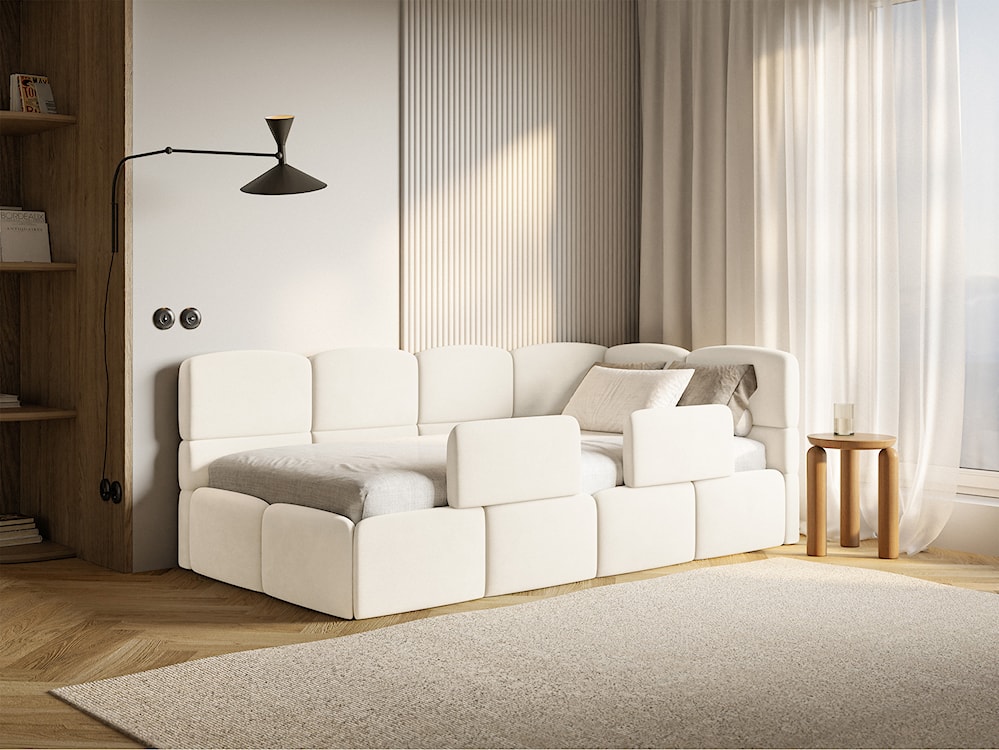 Łóżko młodzieżowe 90x200 cm Cloudy prawostronne z pojemnikiem i barierkami kremowe welur hydrofobowy łatwoczyszczący  - zdjęcie 4