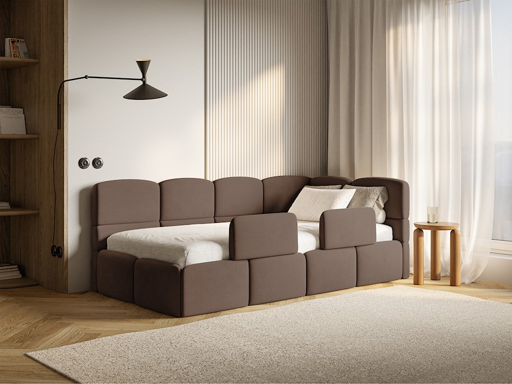 Łóżko młodzieżowe 90x200 cm Cloudy prawostronne z pojemnikiem i barierkami brązowe welur hydrofobowy łatwoczyszczący  - zdjęcie 4