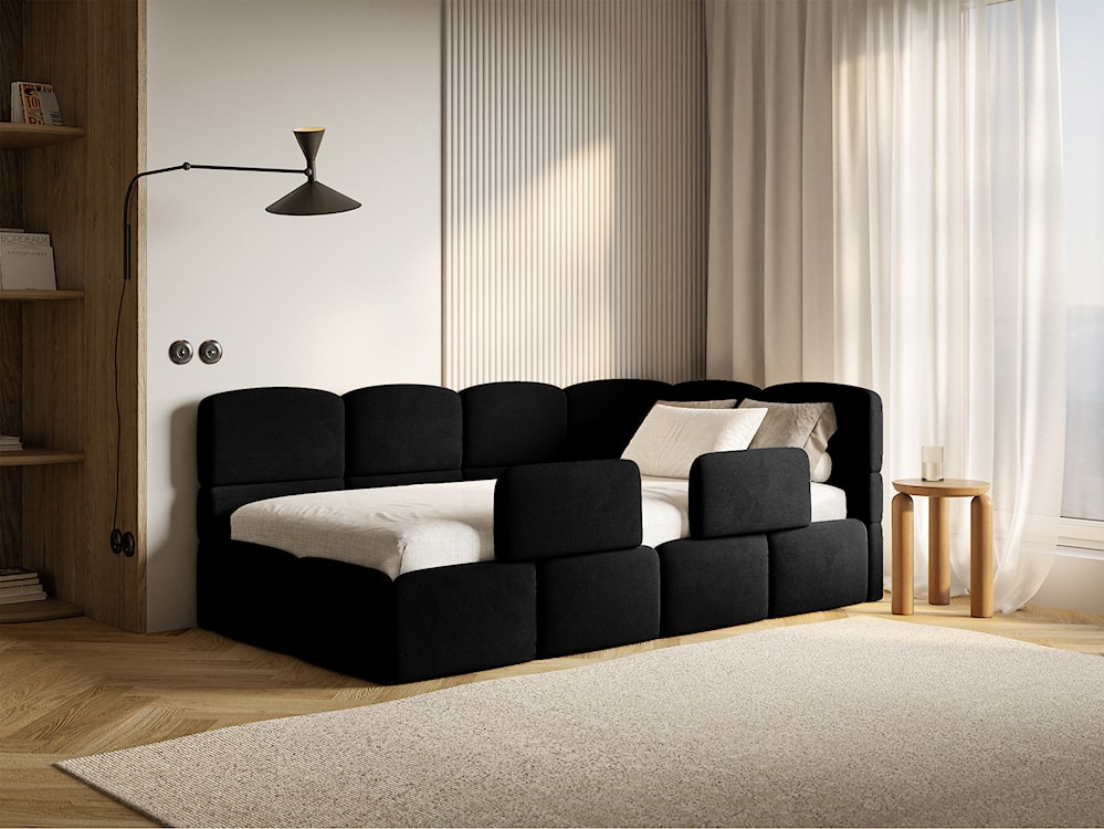 Łóżko młodzieżowe 90x200 cm Cloudy prawostronne z materacem pojemnikiem i barierkami czarne welur hydrofobowy łatwoczyszczący  - zdjęcie 4