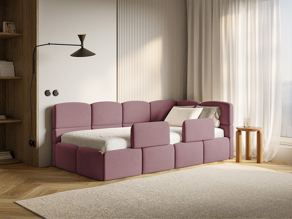 Łóżko młodzieżowe 90x200 cm Cloudy prawostronne z pojemnikiem i barierkami różowe welur hydrofobowy łatwoczyszczący  - zdjęcie 4