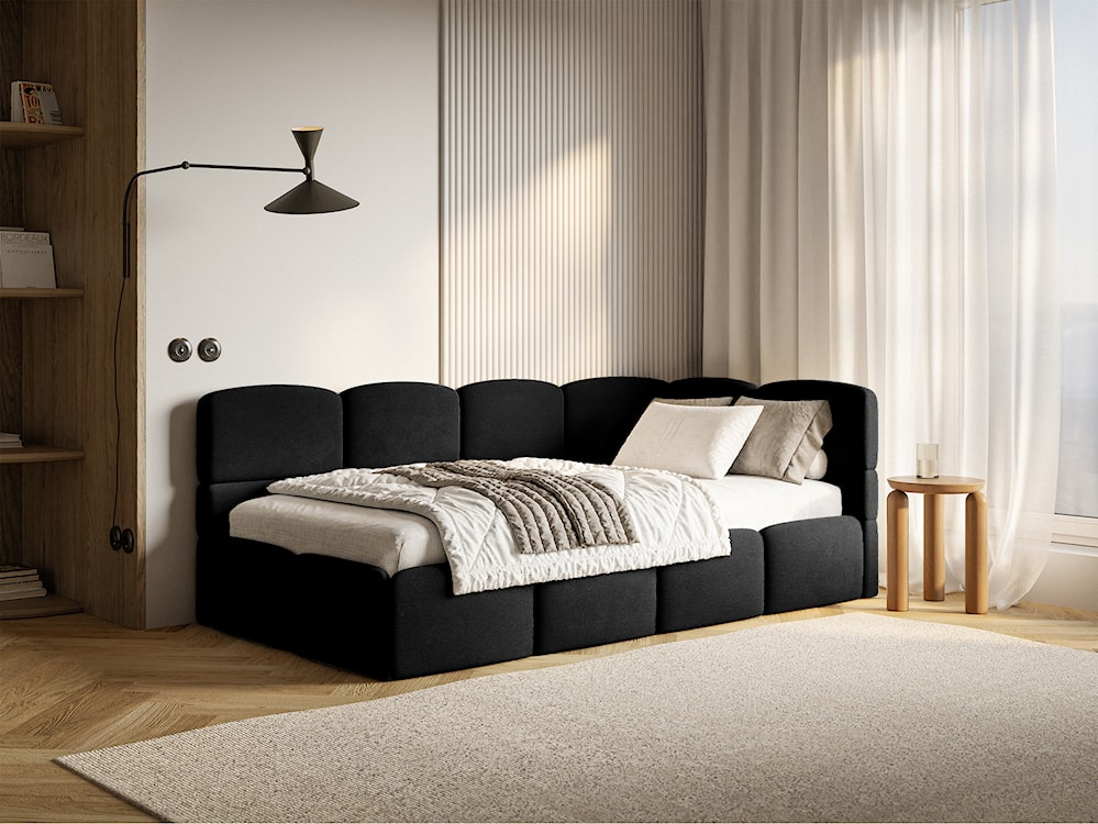 Łóżko młodzieżowe 90x200 cm Cloudy prawostronne z materacem pojemnikiem i barierkami czarne welur hydrofobowy łatwoczyszczący  - zdjęcie 2