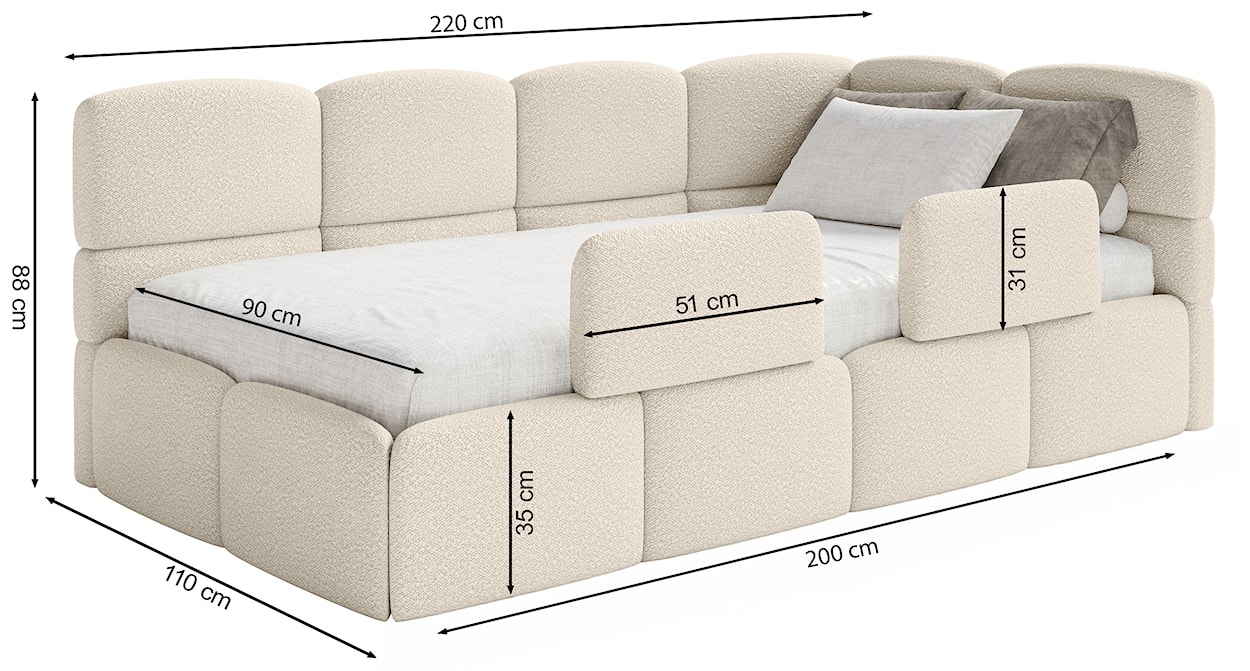 Łóżko młodzieżowe 90x200 cm Cloudy lewostronne z materacem i pojemnikiem brązowe boucle  - zdjęcie 6
