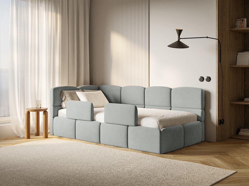 Łóżko młodzieżowe 90x200 cm Cloudy lewostronne z pojemnikiem i barierkami szare welur hydrofobowy łatwoczyszczący  - zdjęcie 2