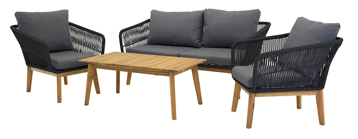 Zestaw mebli ogrodowych Comforre z sofą, dwoma fotelami i stolikiem kawowym drewniany czarny/grafitowy