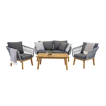 Zestaw mebli ogrodowych Comforre z sofą, dwoma fotelami i stolikiem kawowym drewniany szary