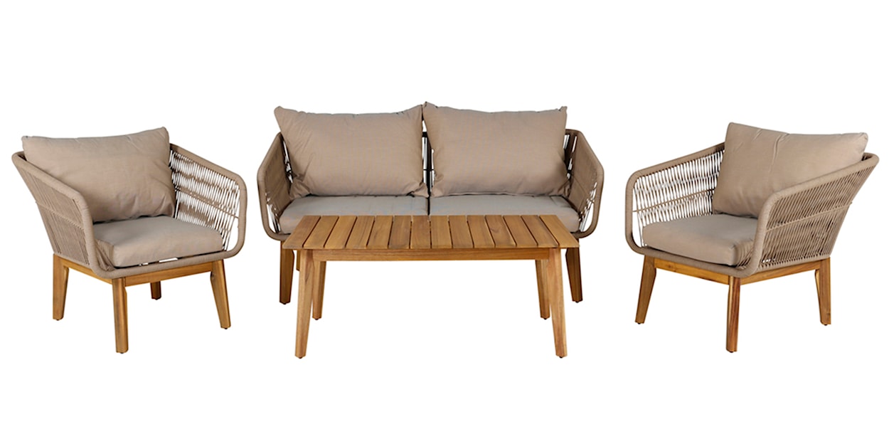 Zestaw mebli ogrodowych Comforre z sofą, dwoma fotelami i stolikiem kawowym drewniany beżowy