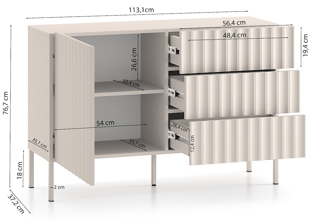 Komoda Derriva z szufladami i ryflowanymi frontami 113 cm kaszmir  - zdjęcie 8
