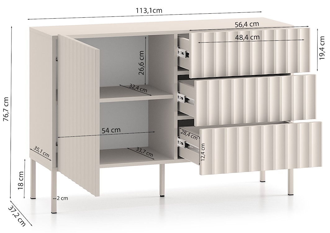 Komoda Derriva z szufladami i ryflowanymi frontami 113 cm jasny beż  - zdjęcie 8
