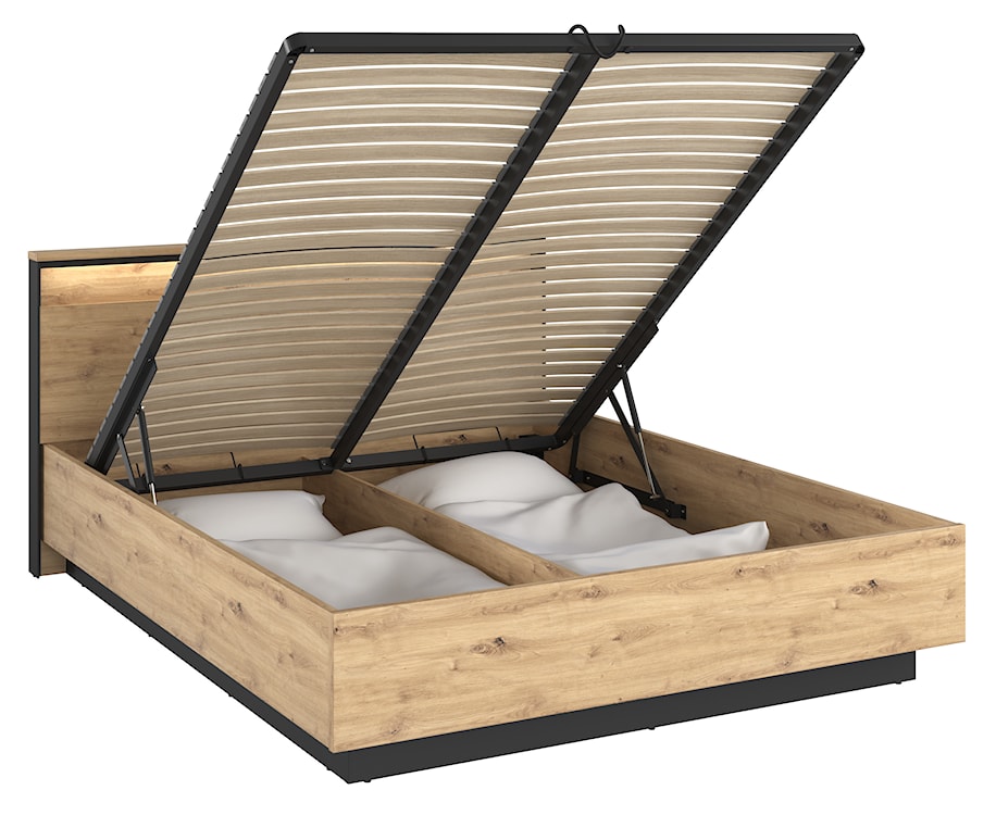 Łóżko Quant 160x200 cm z pojemnikiem na pościel i oświetleniem dąb artisan/czarny  - zdjęcie 4