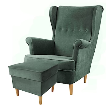Fotel z podnóżkiem Malmo butelkowa zieleń w tkaninie Easy Clean na bukowych nóżkach