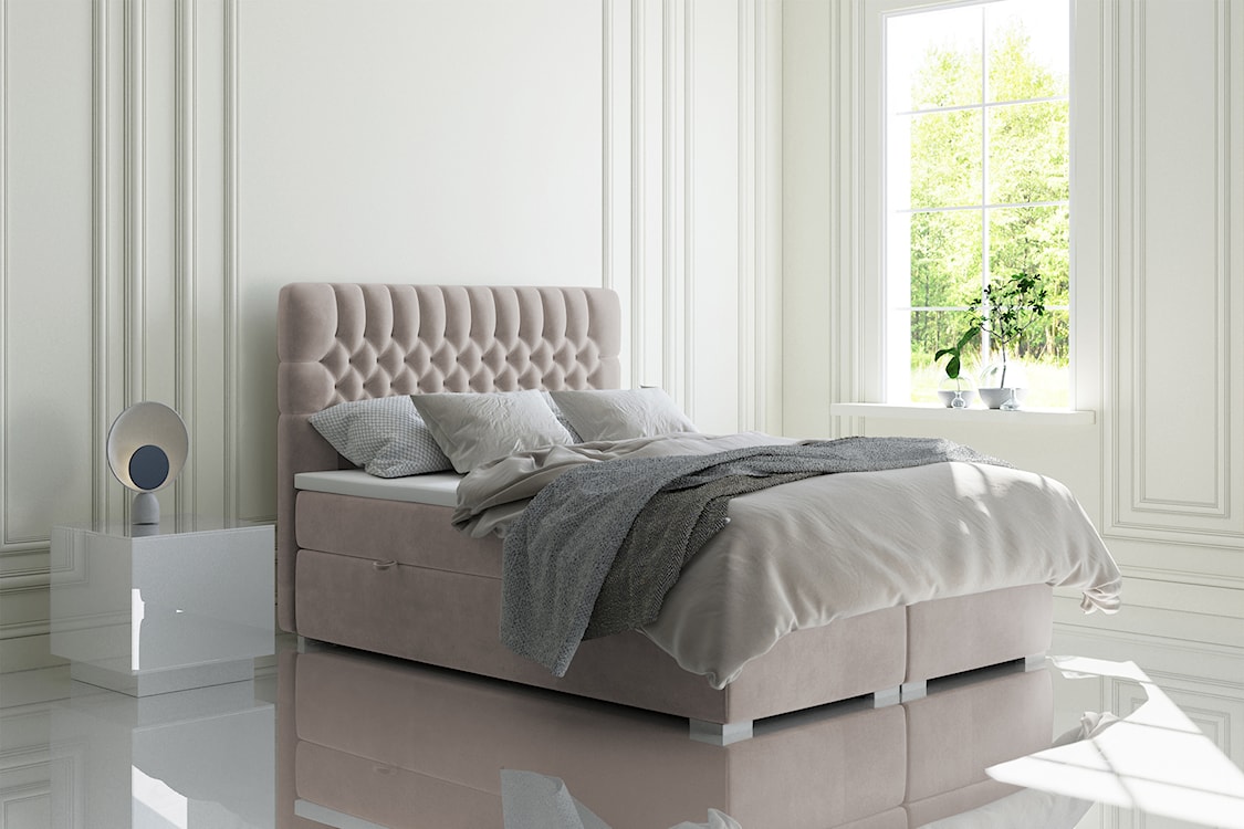 Łóżko kontynentalne 160x200 cm Persival z pojemnikami i topperem szarobeżowe welur  - zdjęcie 2
