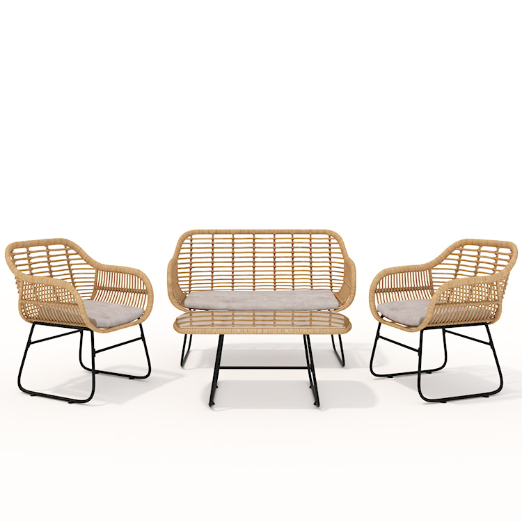 Zestaw mebli ogrodowych Sytly sofa z dwoma fotelami i stolikiem pleciony ze szklanym blatem naturalny/czarny