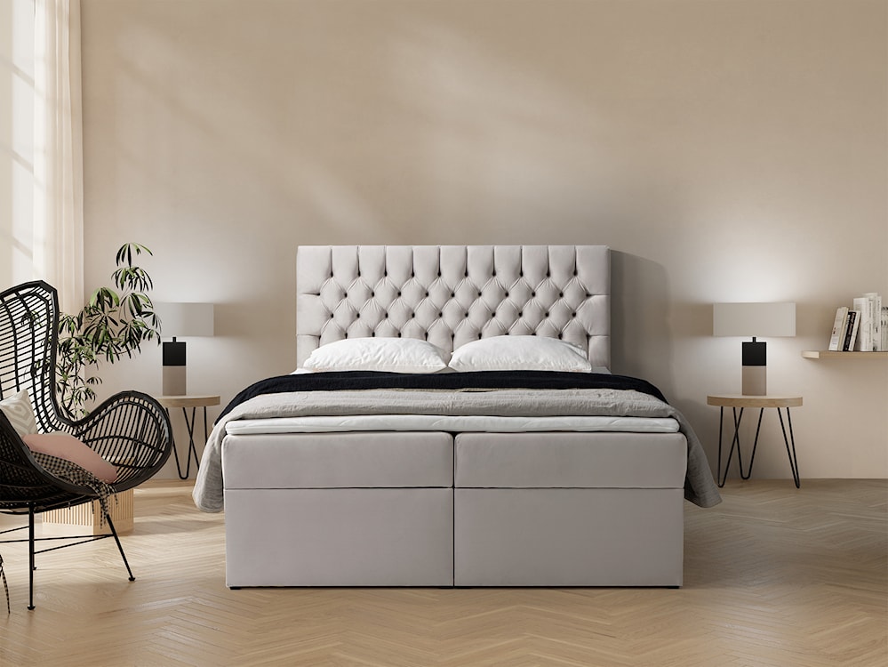 Łóżko kontynentalne 140x200 cm Daissy z pojemnikami i topperem jasnobeżowe welur  - zdjęcie 2