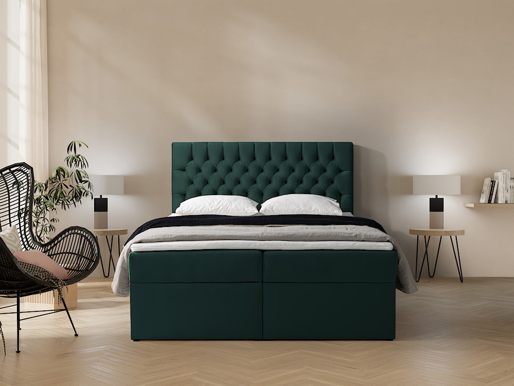 Łóżko kontynentalne 140x200 cm Daissy z pojemnikami i topperem butelkowa zieleń welur  - zdjęcie 2
