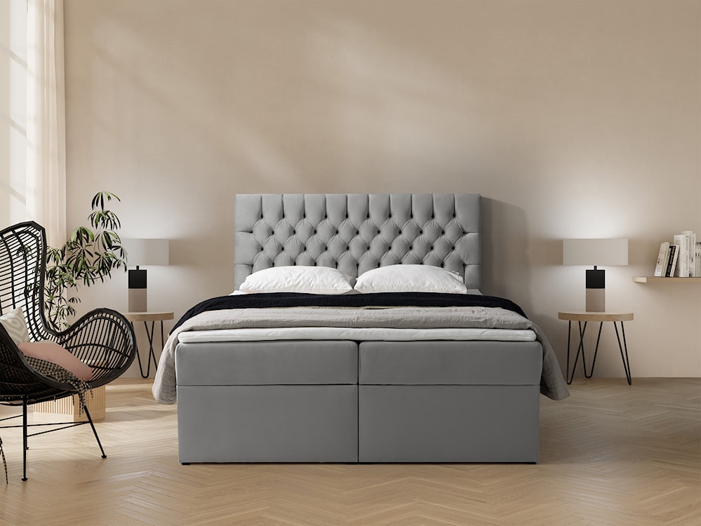 Łóżko kontynentalne 140x200 cm Daissy z pojemnikami i topperem szare welur  - zdjęcie 2