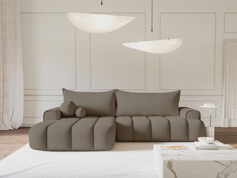 Narożnik z funkcją spania Dandelino L-kształtny lewostronny z pojemnikiem ciemnobeżowy welur  - zdjęcie 2