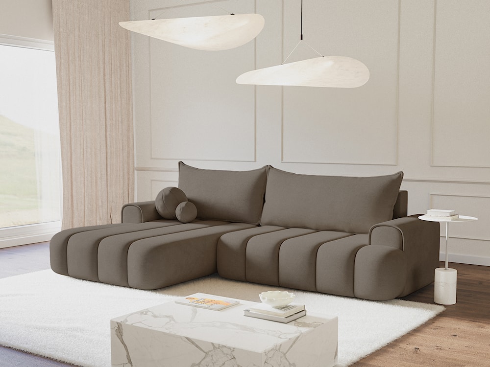 Narożnik z funkcją spania Dandelino L-kształtny lewostronny z pojemnikiem ciemnobeżowy welur  - zdjęcie 3