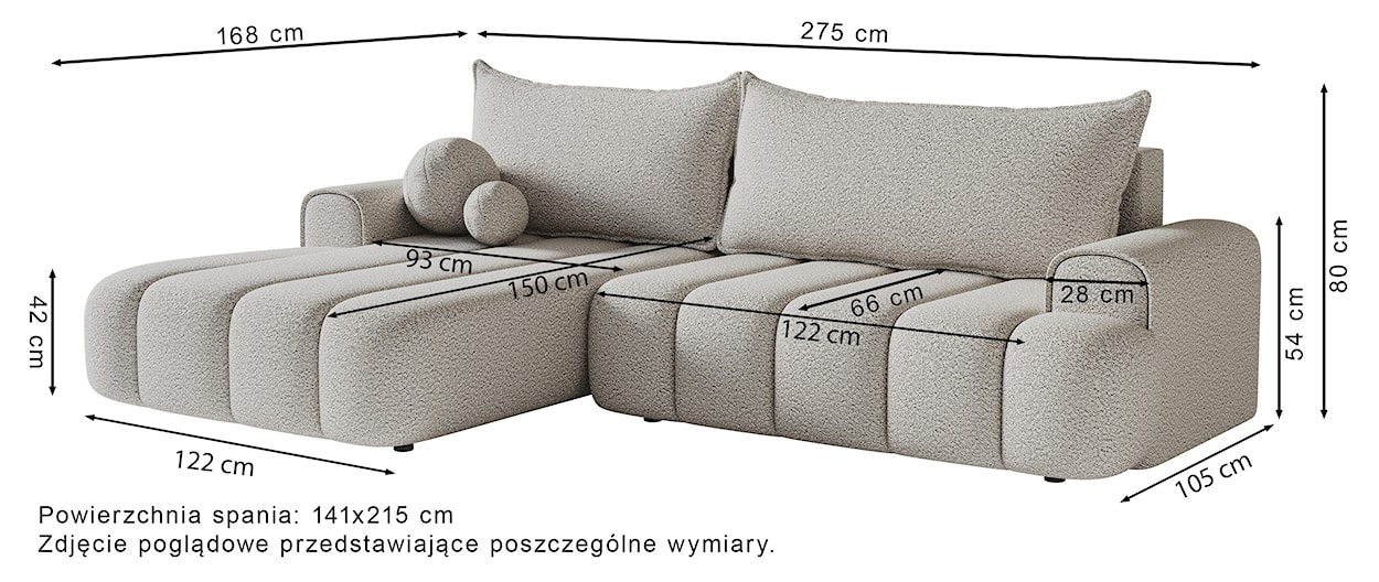 Narożnik z funkcją spania Dandelino L-kształtny lewostronny z pojemnikiem szarobeżowy welur  - zdjęcie 8