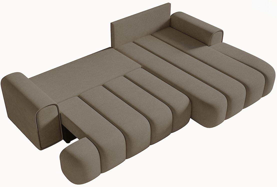 Narożnik z funkcją spania Dandelino L-kształtny prawostronny z pojemnikiem ciemnobeżowy welur  - zdjęcie 7