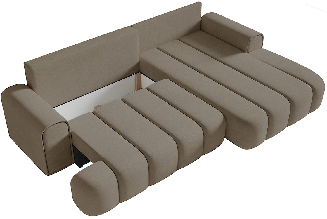 Narożnik z funkcją spania Dandelino L-kształtny prawostronny z pojemnikiem ciemnobeżowy welur  - zdjęcie 6