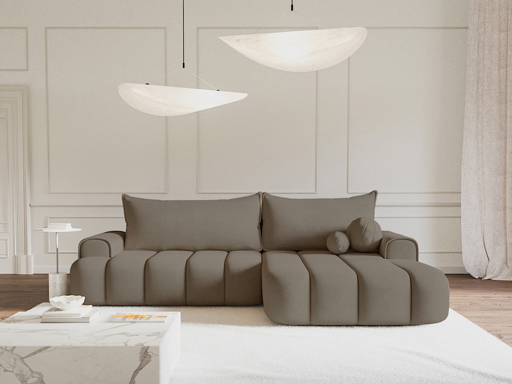 Narożnik z funkcją spania Dandelino L-kształtny prawostronny z pojemnikiem ciemnobeżowy welur  - zdjęcie 2